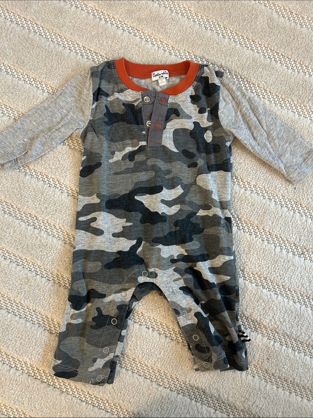 Splendid Gray Camo Footie with Orange Neck Trim